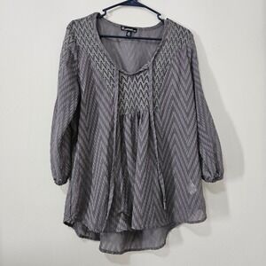 Signature Studio Grey Chevron Crochet Lace V-Neck Blouse Top Large Boho L/G
